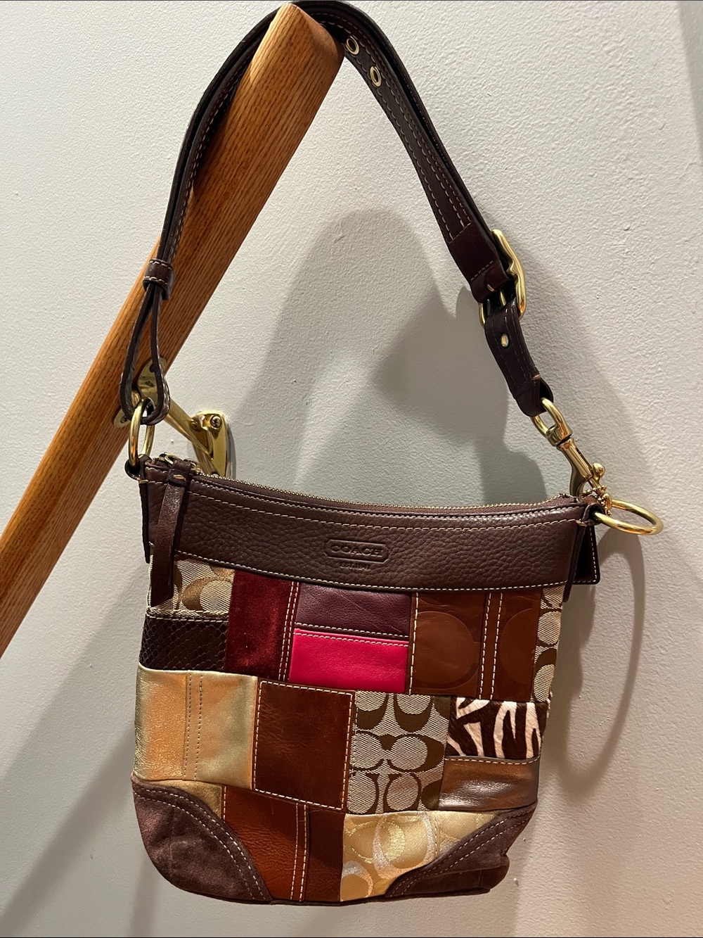 Coach Holiday Collection Patchwork Leather Shoulder Bag in Brown, Red, Pink